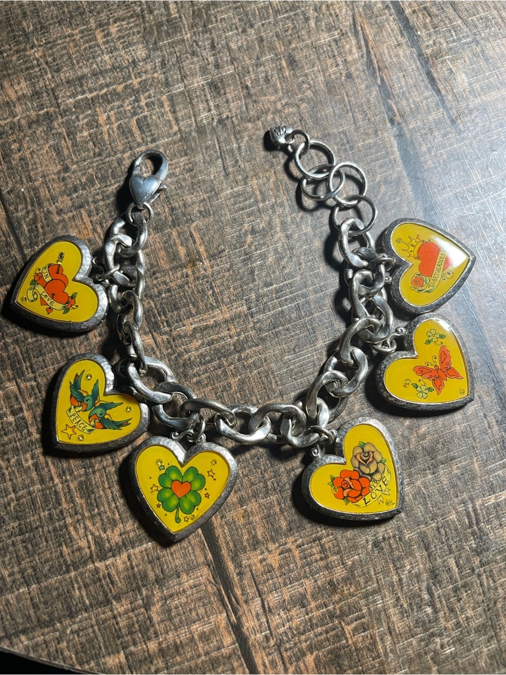 Brighton Yellow Heart Charm Bracelet with Colorful Floral & Bird Motifs